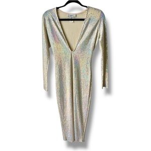 CODIGO Sequin Midi Dress Deep V-Neck Silver Small Silver Iridescent Mermaid